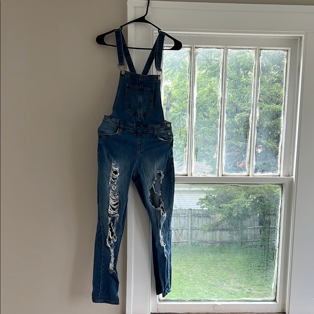 Classic Blue Denim Overalls with Distressed Details